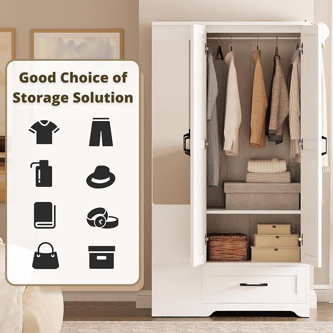 LIKIMIO 70" Tall Wardrobe Closet with Mirror, Side Shelves & Drawer, Freestanding Bedroom Armoire with Hanging Rod, X Barn Door Storage Cabinet for Bedroom, White