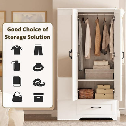 LIKIMIO 70" Tall Wardrobe Closet with Mirror, Side Shelves & Drawer, Freestanding Bedroom Armoire with Hanging Rod, X Barn Door Storage Cabinet for Bedroom, White