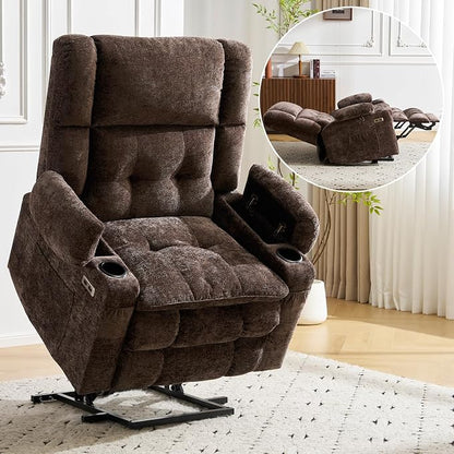 Oversized Power Recliner Chair for Elderly with Massage and Heat, Dual Motor Lay Flat Recliner with Arm Storage，Lift Chair for Big Tall, Infinite Position,Extended Footrest, Lving Room, Coffee