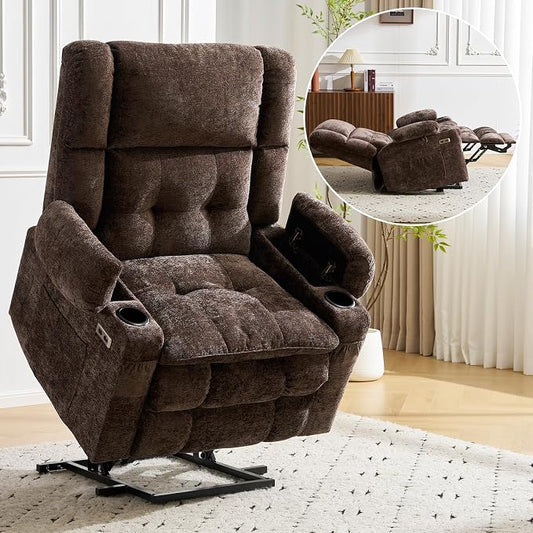 Oversized Power Recliner Chair for Elderly with Massage and Heat, Dual Motor Lay Flat Recliner with Arm Storage，Lift Chair for Big Tall, Infinite Position,Extended Footrest, Lving Room, Coffee