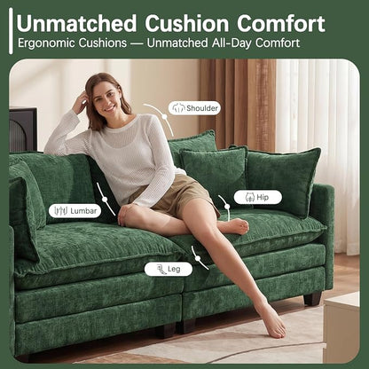 Oversized Loveseat Sofa, 70" Sectional Cloud Couch, 2 Seat Modern Comfy Sofa Chenille Deep Seat Couches with 2 Pillows, for Small Apartment, Bedroom, Living Room（Green 70" Loveseat）