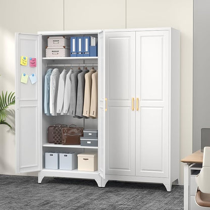 Polup Metal Armoire Wardrobe Closet with Doors and Shelves, 71" Tall Freestanding Wardrobe Cabinet for Hanging Clothes, Large Closet with Hanging Rod for Bedroom, Office, School, Employee, Gym, White