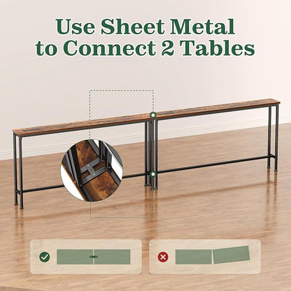 SUPERJARE 110.2 Inch Sofa Table with Power Outlets and USB-C Ports, 5.9 Inch Narrow Console Tables, Entryway Hallway Couch Tables with Storage, Behind Sofa, Living Room, Rustic Brown, AST046Z