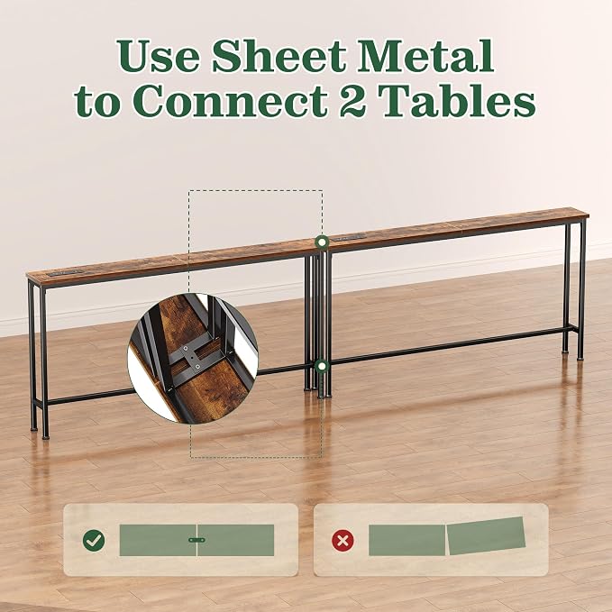 SUPERJARE 102.4 Inch Sofa Table with Power Outlets and USB-C Ports, 5.9 Inch Narrow Console Tables, Entryway Hallway Couch Tables with Storage, Behind Sofa, Small Spaces, Living Room, Rustic Brown