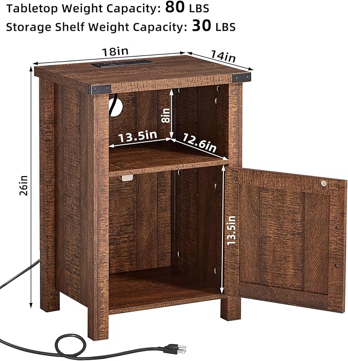 Joaxswe Night Stand Set of 2, 18 Inch Farmhouse Nightstand with Charging Station and USB Port, Rustic Wood Bedside Table with Magnetic Door, Bed Side Tables for Bedroom, Reclaimed Barnwood