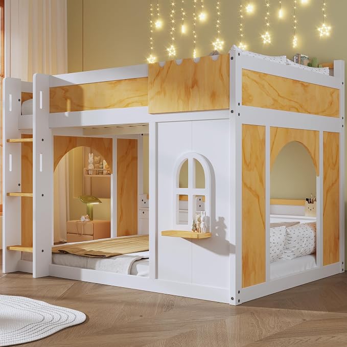 Full Over Full Bunk Bed with Storage Shelves,Window and Two Doors,for Kids Teens Adults Use (White+Natural-Doors, Full Over Full)