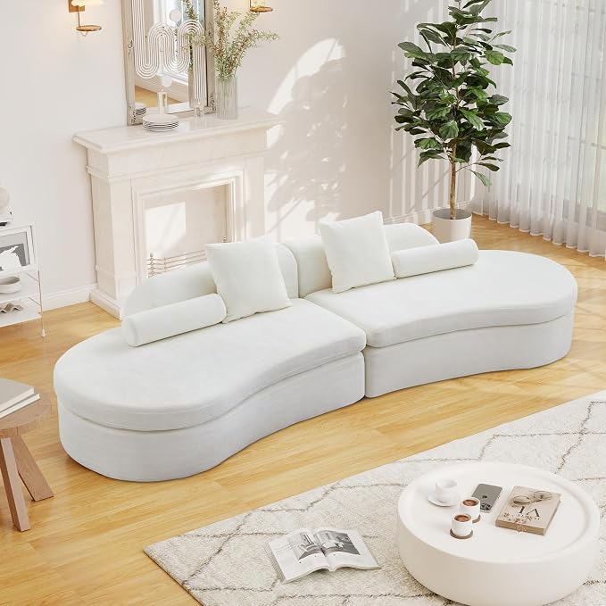 126" Curved Modular Sectional Sofa, Chenille Upholstered Cloud 4 Seater Couch for Living Room, No Assembly Modern Love Seat Sofa with 2 Bolster Pillows & 2 Square Pillows, High-Density Foam, White