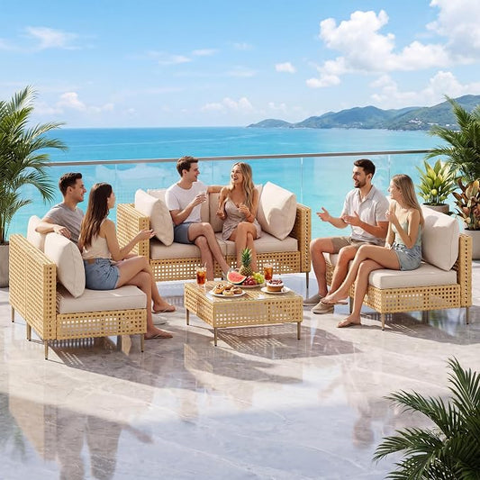 LHBcraft 7-Piece Wicker Outdoor Patio Furniture Set, Modular Rattan Outdoor Furniture, Patio Conversation Sets, Handmade Rattan, Water Resistant Fluffy Cushions and Coffee Table, Brown