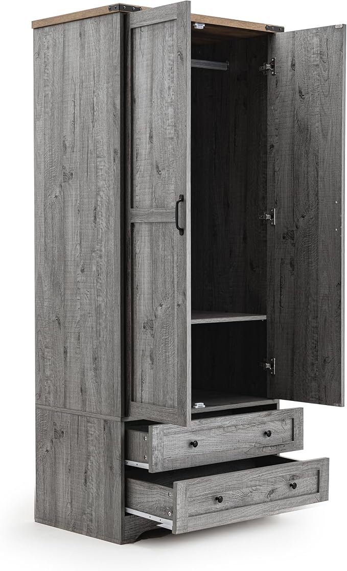 Yechen 71" Wooden Armoire Wardrobe Closet Set of 2- Modern Functional Clothes Tall Storage Cabinet with Adjustable Shelf and Hanging Rail, Sturdy Freestanding Closet with 2 Wide Drawers (Grey)