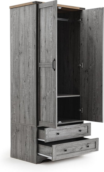 Yechen 71" Wooden Armoire Wardrobe Closet Set of 2- Modern Functional Clothes Tall Storage Cabinet with Adjustable Shelf and Hanging Rail, Sturdy Freestanding Closet with 2 Wide Drawers (Grey)
