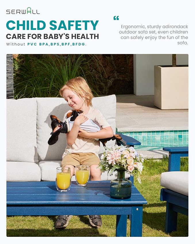 SERWALL HDPE Outdoor Couch, All-Weather Wood-Like Outdoor Sofa Set with Coffee Table, Blue Frame and Khaki Cushion