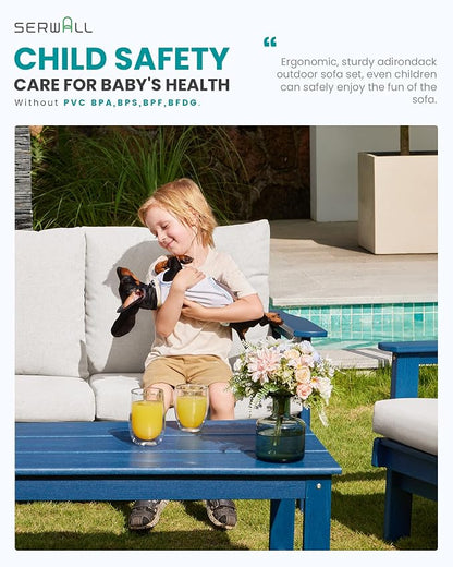 SERWALL HDPE Outdoor Couch, All-Weather Wood-Like Outdoor Sofa Set with Coffee Table, Blue Frame and Khaki Cushion
