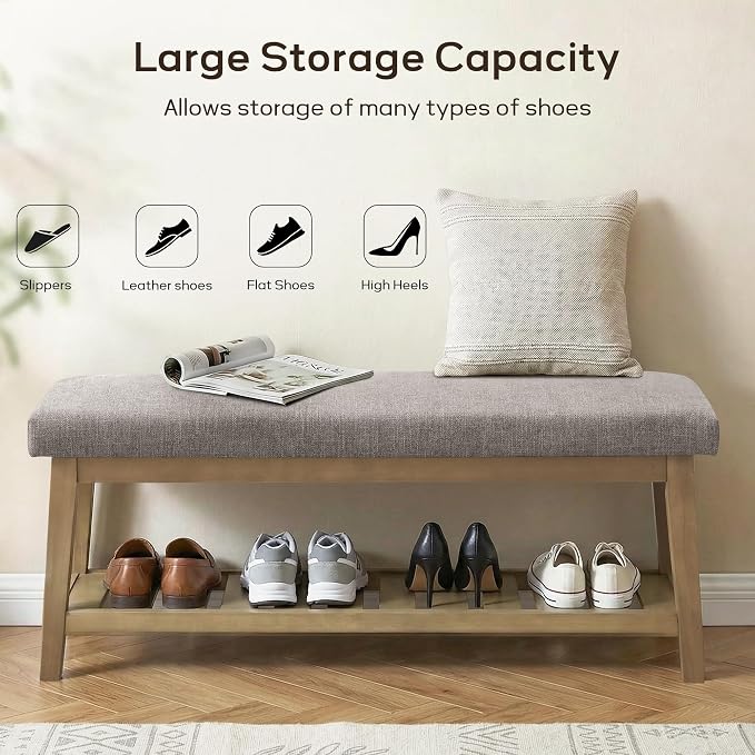 Entryway Bench with Cushion, Upholstered Shoe Rack Bench with Solid Wood Shelf, 44" End of Bed Bench for Bedroom, Chenille Fabric Storage Bench for Entryway, Hallway, Living Room (Grey)