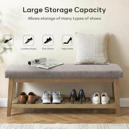 Entryway Bench with Cushion, Upholstered Shoe Rack Bench with Solid Wood Shelf, 44" End of Bed Bench for Bedroom, Chenille Fabric Storage Bench for Entryway, Hallway, Living Room (Grey)