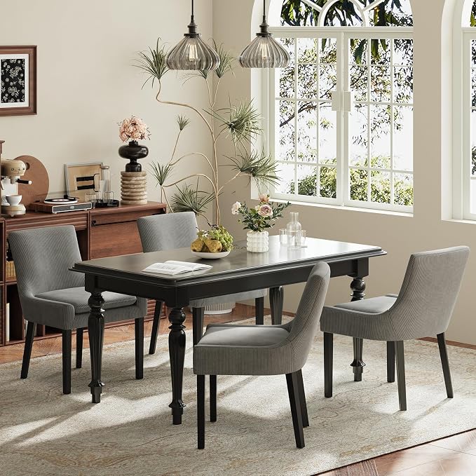 Modern Dining Room Chairs Set of 4 with Mid Back and Wood Legs, Upholstered Kitchen Chairs for Dining Room/Living Room, Dark Grey