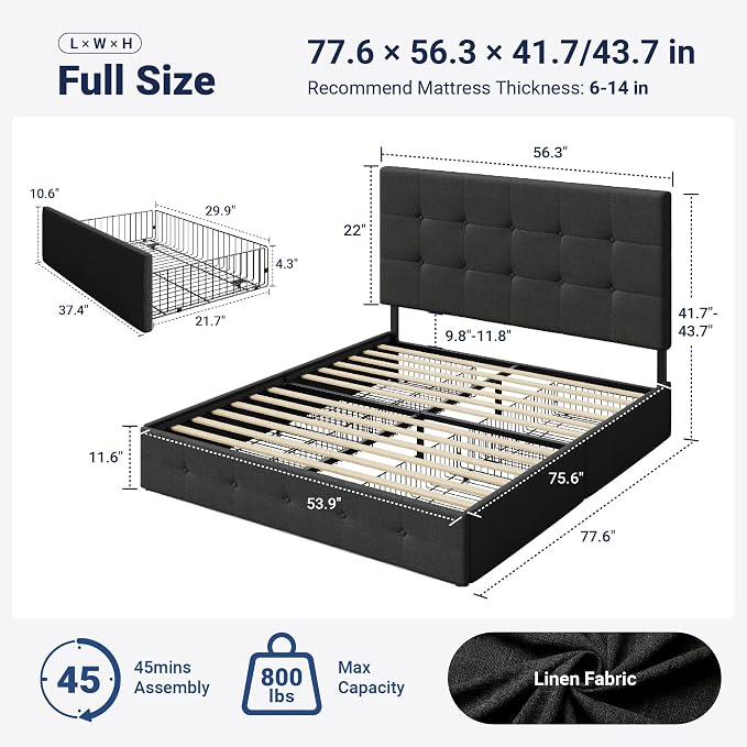 Allewie Upholstered Full Size Platform Bed Frame with 4 Storage Drawers and Headboard, Square Stitched Button Tufted, Mattress Foundation with Wooden Slats Support, No Box Spring Needed, Dark Grey