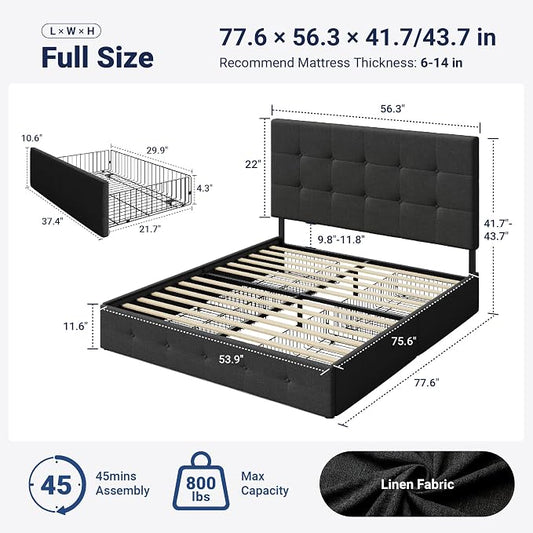Allewie Upholstered Full Size Platform Bed Frame with 4 Storage Drawers and Headboard, Square Stitched Button Tufted, Mattress Foundation with Wooden Slats Support, No Box Spring Needed, Dark Grey