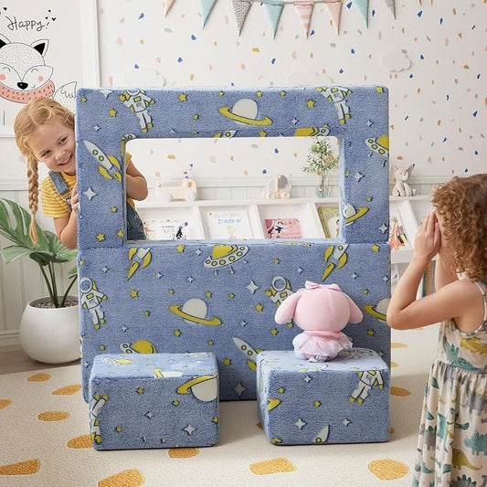 MeMoreCool Modular Kids Couch, Glow Play Toddler Couch for Bedroom Playroom, Convertible Foam Kids Sofa Bed, Fold Out Baby Sofa for Girl Boy, Denim Rocket