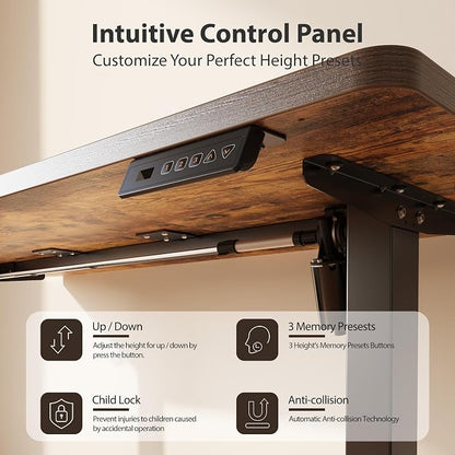 Cubiker Standing Desk, 55x28 Inches Sit Stand Home Office Desk, Electric Stand up Desk, Adjustable Desk with Splice Board, Black Frame/Rustic Brown Top