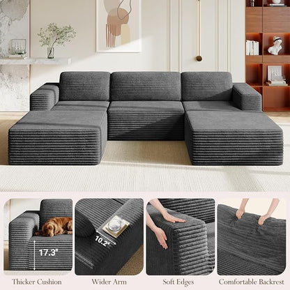 Vesgantti 119" Oversized U-Shaped Modular Sectional Sofa, Corduroy Cloud Couch with Deep Seating & Spring Support, Convertible Sofa with 2 Ottomans, Boneless Couch, No Assembly Required, Grey