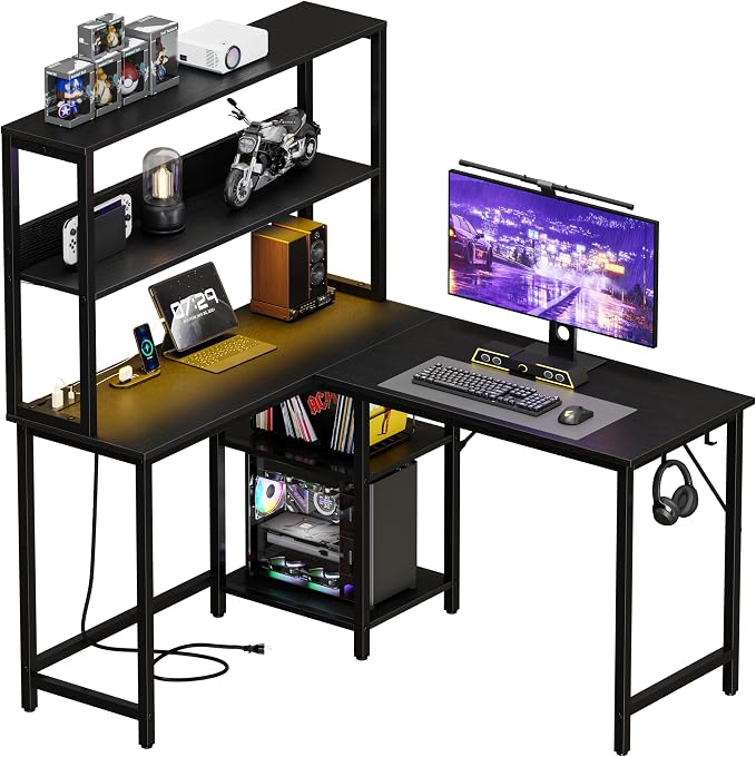 DUMOS L Shaped Desk Gaming Desk with LED & Power Outlet 43 in Reversible Corner Computer Table with Adjustable Shelf & CPU Stand, Home Office Writing Table, Black