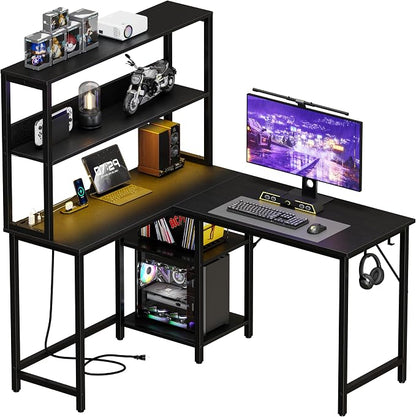 DUMOS L Shaped Desk Gaming Desk with LED & Power Outlet 43 in Reversible Corner Computer Table with Adjustable Shelf & CPU Stand, Home Office Writing Table, Black
