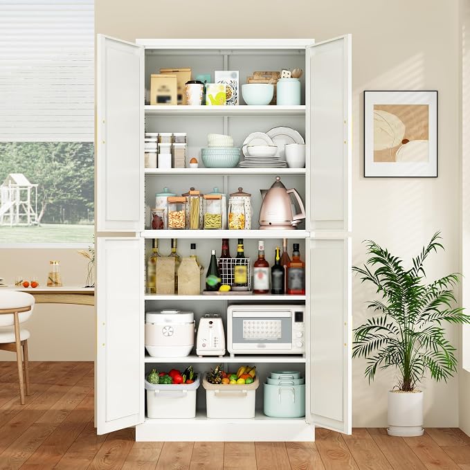 Wanfu 71" Tall Pantry Cabinet, Metal Kitchen Pantry Cabinet with 4 Doors and 4 Adjustable Shelves, Kitchen Pantry Storage Cabinets, Metal Storage Cabinet for Kitchen, Dining Room, Living Room-White