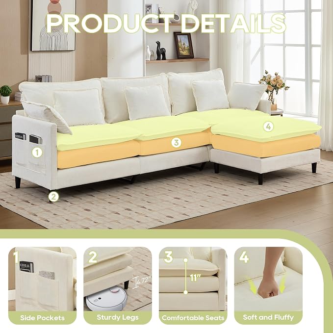 113" Chenille Modular Sectional Sofa, Convertible L Shaped Modular Sofa Comfy Cloud Couch with Ottoman, Side Pockets and 5 Throw Pillows for Living Room (Beige, 113'' - 4 Seat)