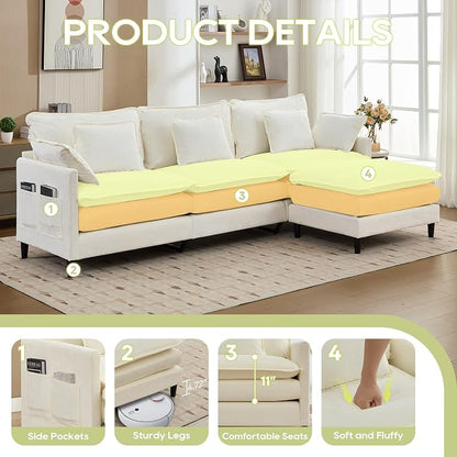 113" Chenille Modular Sectional Sofa, Convertible L Shaped Modular Sofa Comfy Cloud Couch with Ottoman, Side Pockets and 5 Throw Pillows for Living Room (Beige, 113'' - 4 Seat)