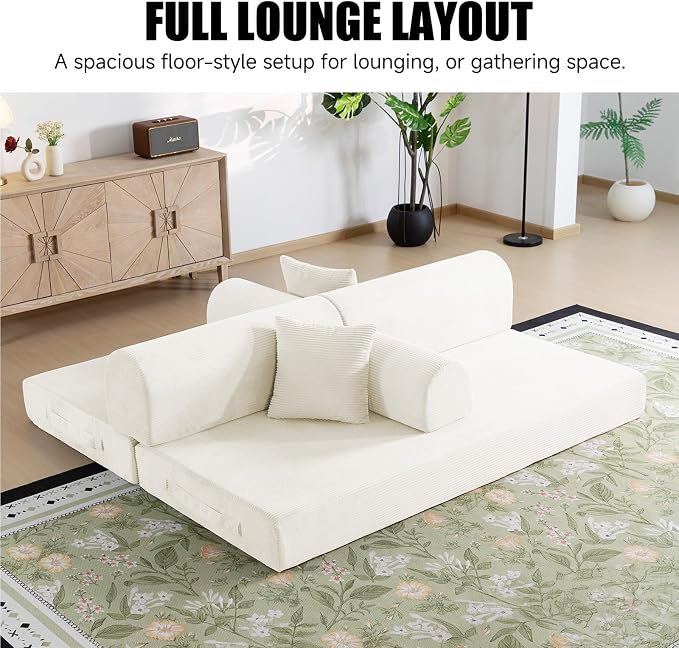 78.8" Boneless Memory Foam Couch, Corduroy Convertible Floor Sofa Bed, Fold-Out Sleeper Futon Loveseat, Wide Armrests & Supportive Back, 1200 lb, Couch in a Box, 2 Pillows,White