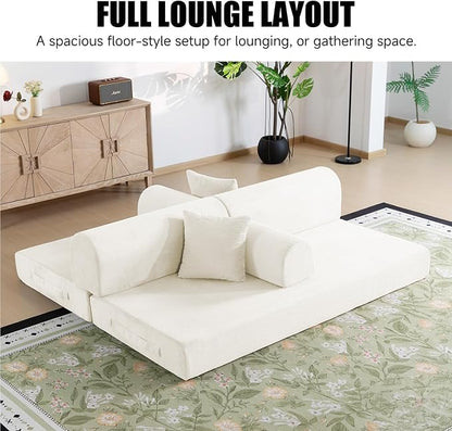 78.8" Boneless Memory Foam Couch, Corduroy Convertible Floor Sofa Bed, Fold-Out Sleeper Futon Loveseat, Wide Armrests & Supportive Back, 1200 lb, Couch in a Box, 2 Pillows,White