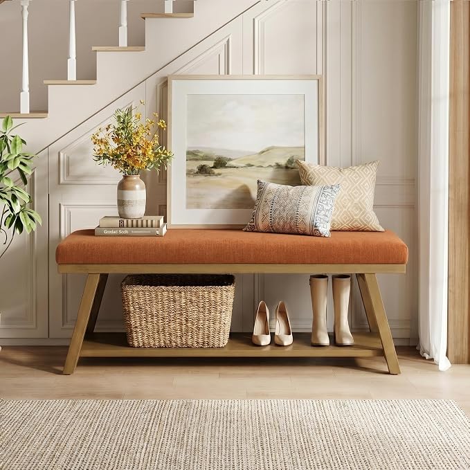 Zihanhome 45" Entryway Bench Upholstered Storage Bench for Bedroom Shoe Rack Bench for Living Room, Hallway, Mudroom, Balcony, Sturdy Indoor Bench Seat Holds Up to 300 lbs (Orange)