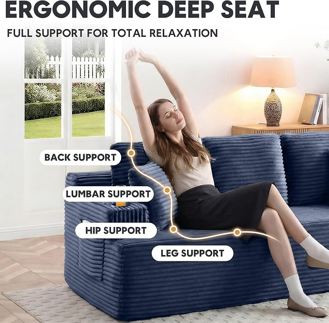 66.5'' Boneless Sofa Couch with Cup Holders & Side Pockets, Modern Corduroy Fabric Upholstered Loveseat Couch with 2 Throw Pillows for Living Room Office, No Assembly (Blue)