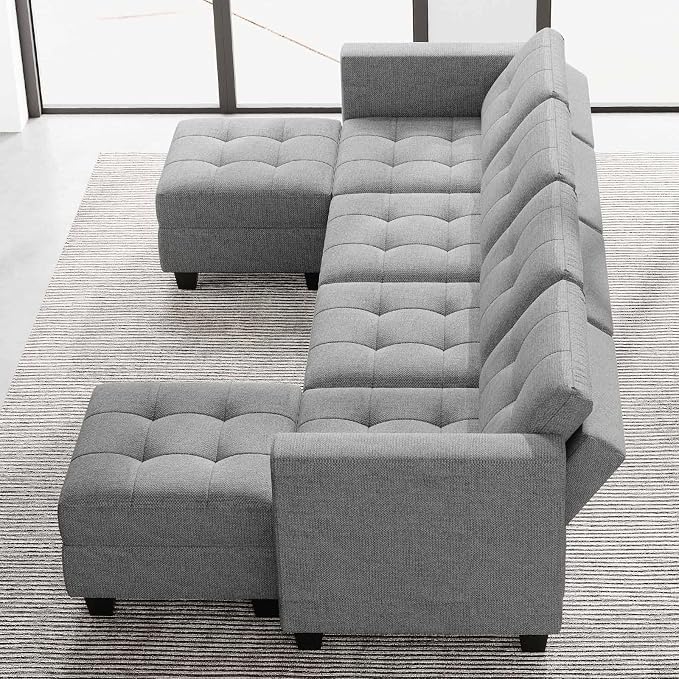 Belffin Reversible Storage Modular U-Shape Sectional Sofa Couch with Double Chaises Modular Sectional Sofa Set with Ottomans Fabric Light Grey