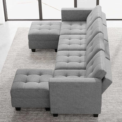 Belffin Reversible Storage Modular U-Shape Sectional Sofa Couch with Double Chaises Modular Sectional Sofa Set with Ottomans Fabric Light Grey