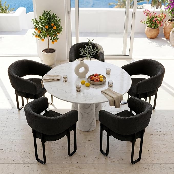 Modern Barrel Dining Chair, Black Boucle Kitchen Chair with U-Shaped Stainless Steel Legs, Armchair with Open Back for Living Room Bedroom Makeup Room, Set of 5