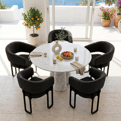 Modern Barrel Dining Chair, Black Boucle Kitchen Chair with U-Shaped Stainless Steel Legs, Armchair with Open Back for Living Room Bedroom Makeup Room, Set of 5