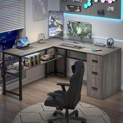 LVB Reversible L Shaped Desk with Drawers, Grey Computer Desk with Storage | 59" Adjustable Modern Executive Office Desks, Adjustable Corner Design for Gaming Spaces and Home Workstations