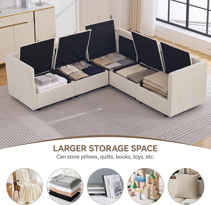 80" Beige Modular Storage Sofa, V Shaped Chenille Cloud Couch with Armrest | Oversized Convertible Sectional Sofa, 5-Seat Sectional Couch With Armrests, Large Cloud Couch For Living Room, Apartment.