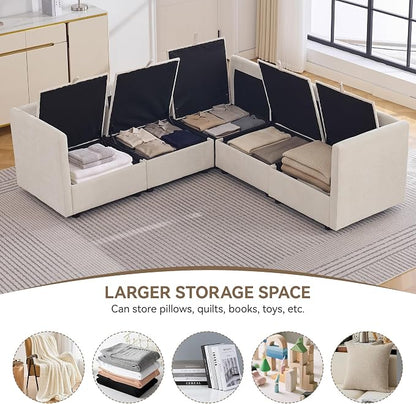 80" Beige Modular Storage Sofa, V Shaped Chenille Cloud Couch with Armrest | Oversized Convertible Sectional Sofa, 5-Seat Sectional Couch With Armrests, Large Cloud Couch For Living Room, Apartment.
