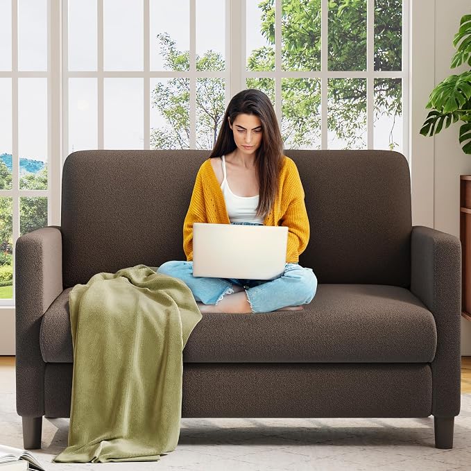 Welzona Loveseat, 51" Small Couch, Comfy Teddy Love Seat for Living Room, Tool-Free Setup Loveseat Sofa for Small Spaces, All-Wood Small Sofa Couch for Bedroom, Brown