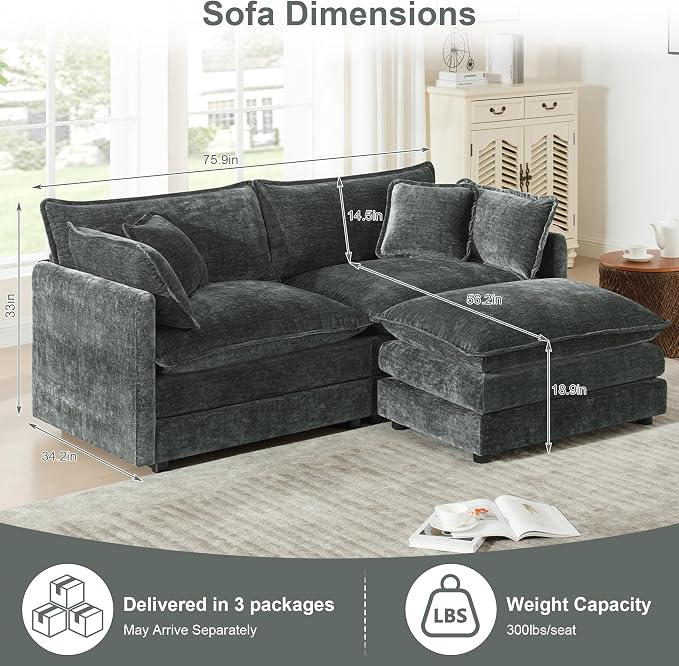 Modular Sectional Sofa with Ottoman: 76.7" Modern L Shaped Sectionals Cloud Couch, Comfy Couch Loveseat, 3 Seat Chenille Deep Seat Sofa with Pillow for Living Room,Bedroom Apartment,Small Spaces-Grey