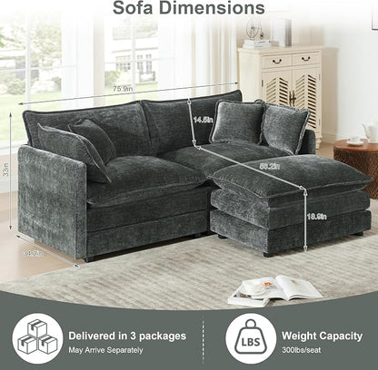 Modular Sectional Sofa with Ottoman: 76.7" Modern L Shaped Sectionals Cloud Couch, Comfy Couch Loveseat, 3 Seat Chenille Deep Seat Sofa with Pillow for Living Room,Bedroom Apartment,Small Spaces-Grey