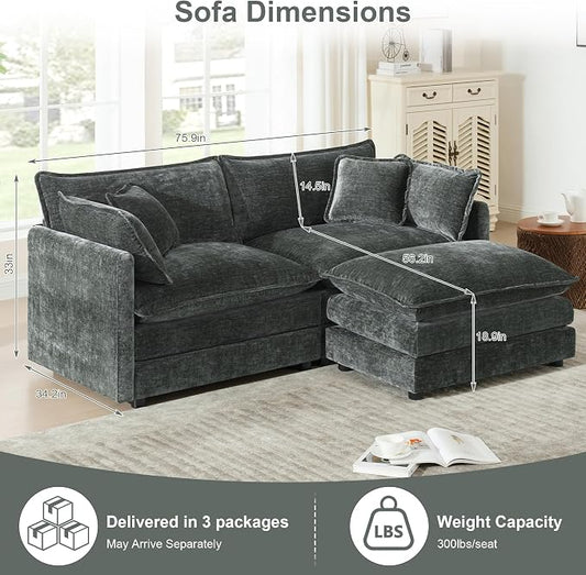 Modular Sectional Sofa with Ottoman: 76.7" Modern L Shaped Sectionals Cloud Couch, Comfy Couch Loveseat, 3 Seat Chenille Deep Seat Sofa with Pillow for Living Room,Bedroom Apartment,Small Spaces-Grey