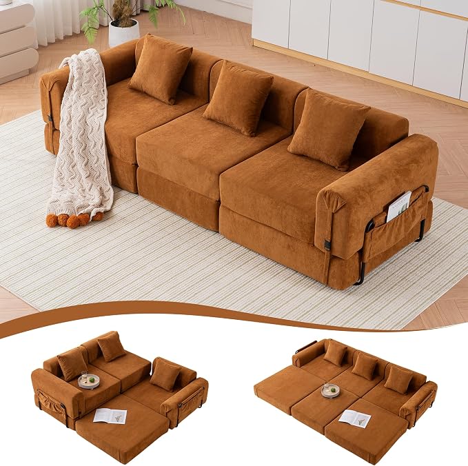 Cloud Modular Sectional Sofa, Foldable Floor Couch Bed, Convertible Sleeper Sofa Bed, Fold Out Boneless Couches for Living Room, Office, Guest Room, Apartment (3 Seater Couch, Orange)