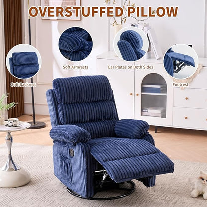 Premium Velvet 360° Swivel Recliner - High Back Gliding Rocking Chair Nursery Recliner Chair, Plush Footrest, Supportive Armrests & Side Pocket, Great for Nursery & Living Room, Blue