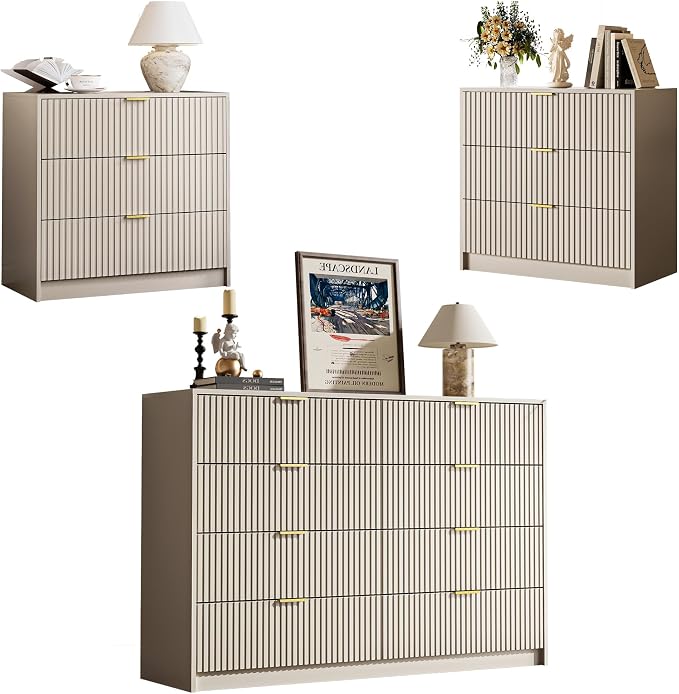 MAISONARIA 3-Piece Dresser Bedroom Set, 8 Drawer Dresser & 3 Drawer Nightstands with Gold Handles, Fluted Wood Chest of Drawers for Bedroom, Living Room, Entryway, Beige