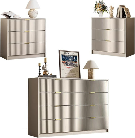 MAISONARIA 3-Piece Dresser Bedroom Set, 8 Drawer Dresser & 3 Drawer Nightstands with Gold Handles, Fluted Wood Chest of Drawers for Bedroom, Living Room, Entryway, Beige