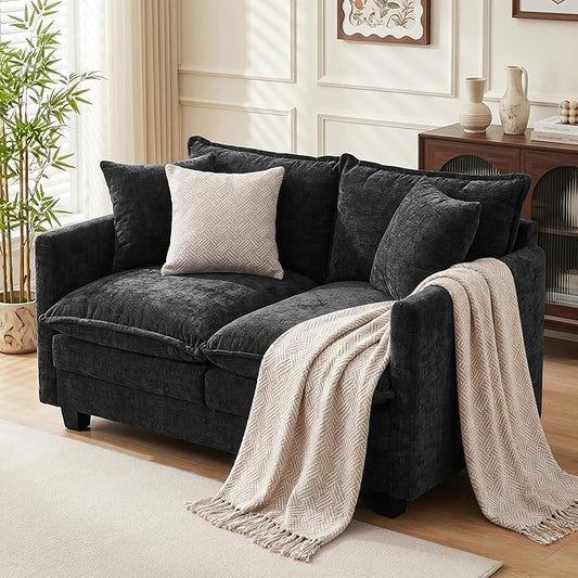 Loveseat Sofa Couch, Small Mini Compact 50" Love Seat 27" Deep Cloud Sofa Seat Washable Chenille Pillow for Apartment Bedroom Dorm Attic Studio Office Living Room Small Space 8833-BLACK