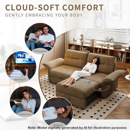 85" Pull Out Sofa Bed Full Size, Pre-Assembled Flannel Sleeper Sofa, Convertible Loveseat Futon Couch, Adjustable Armrest with USB, Pillows, for Apartment, Living Room, Small Spaces, Brown